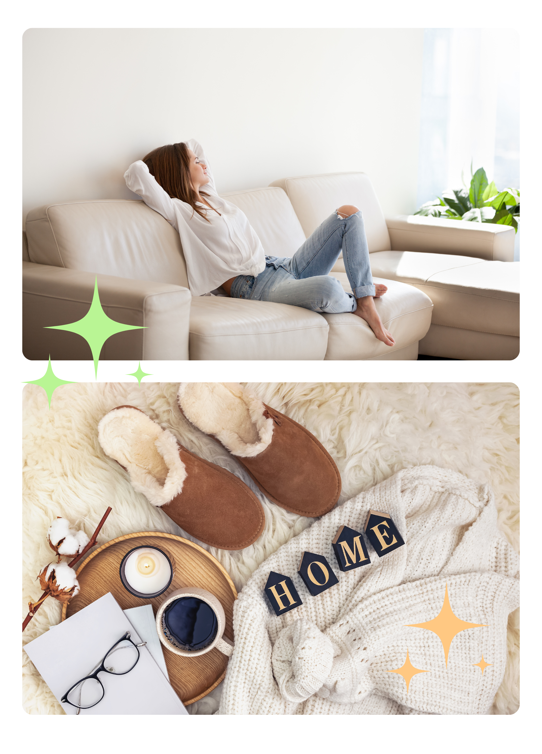 Images of a lady relaxing on a sofa and slippers, cup of coffee on a tray and a shawl on a fluffy rug.