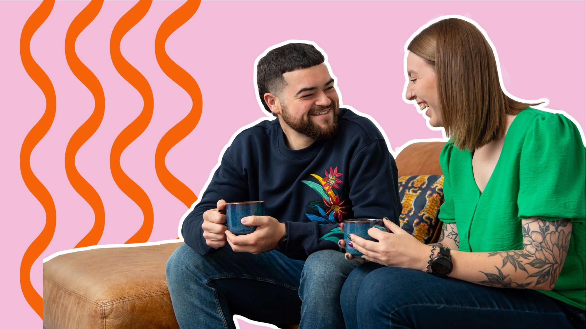 Customers sitting on a sofa.