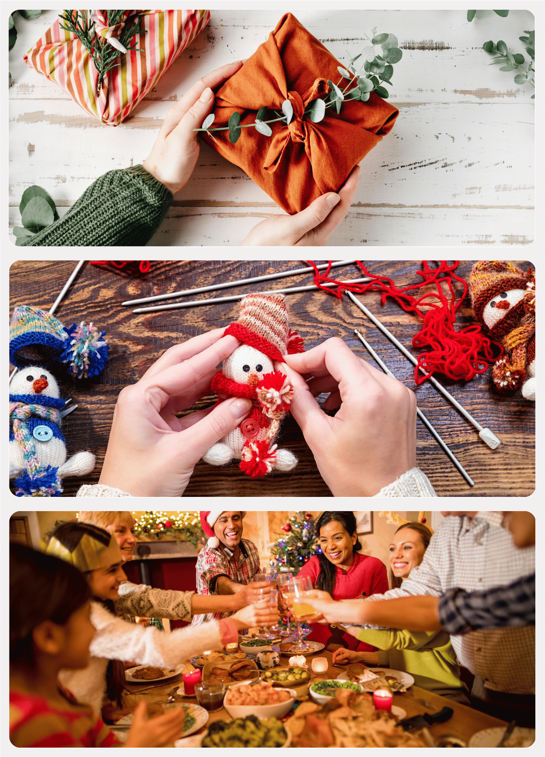 Image is of handmade Christmas gifts and decoration and family meal.