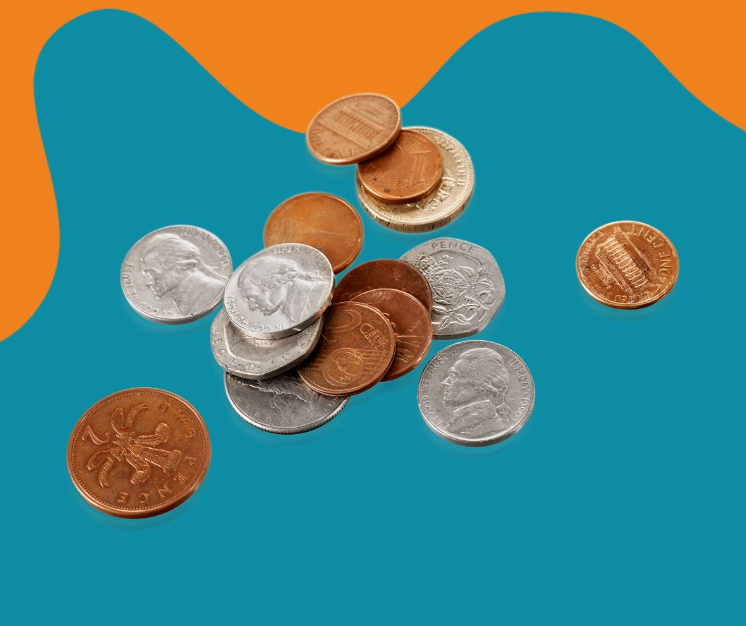 Coins on a blue and orange background
